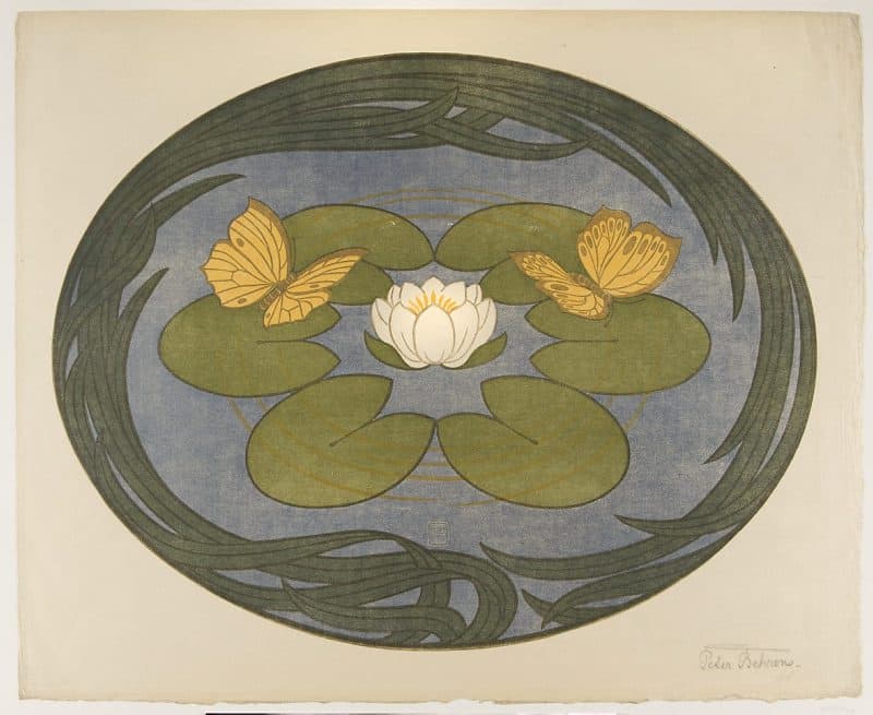 Na zdjęciu drzeworyt barwny Petera Behrensa (1868-1940), Papillons sur nénuphars, 1899