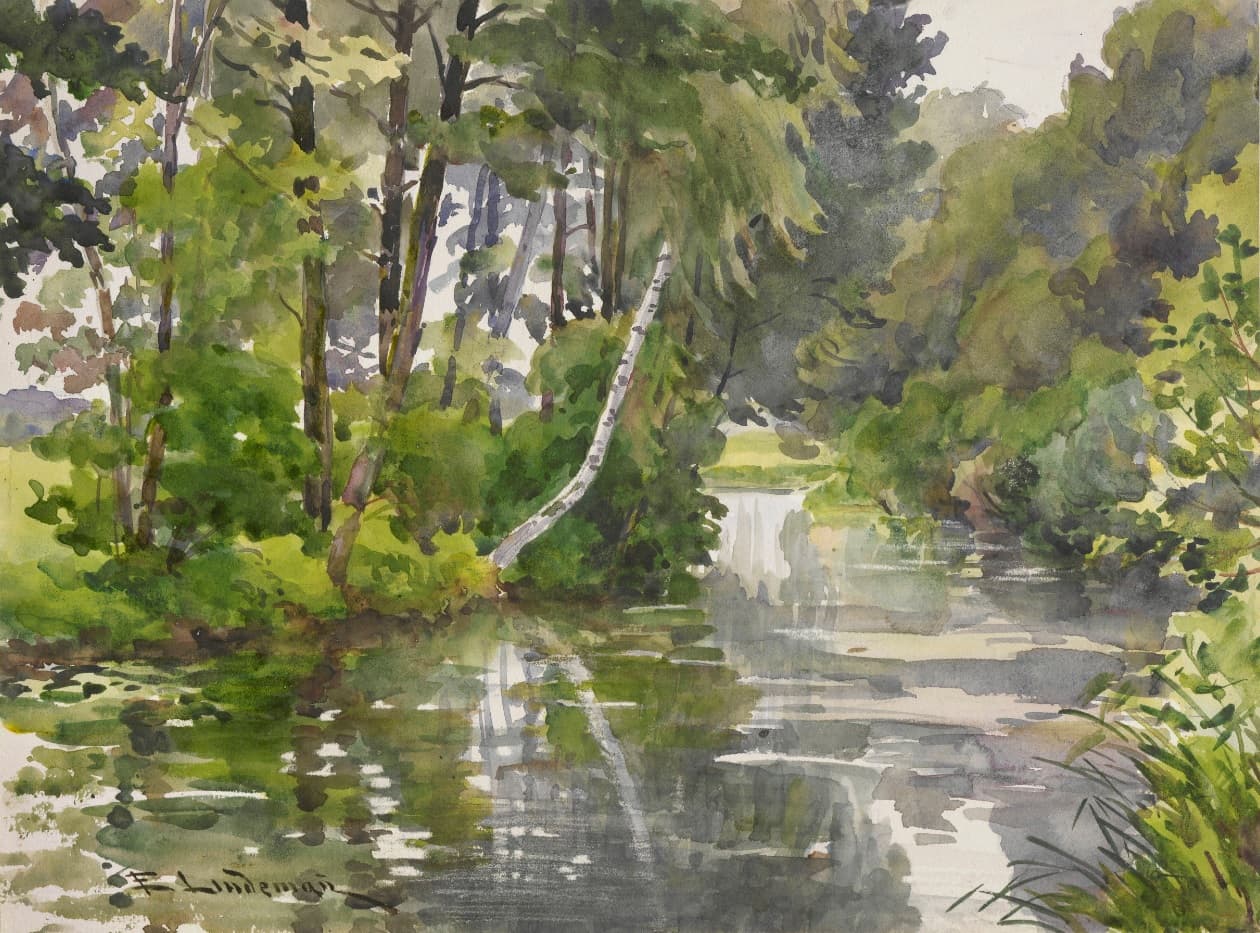 Emil Lindeman, Krajobraz z rzeką. Akwarela namalowana ok. 1920 roku. Przedstawia widok na rzekę i jej brzegi porośnięte dziką przyrodą.