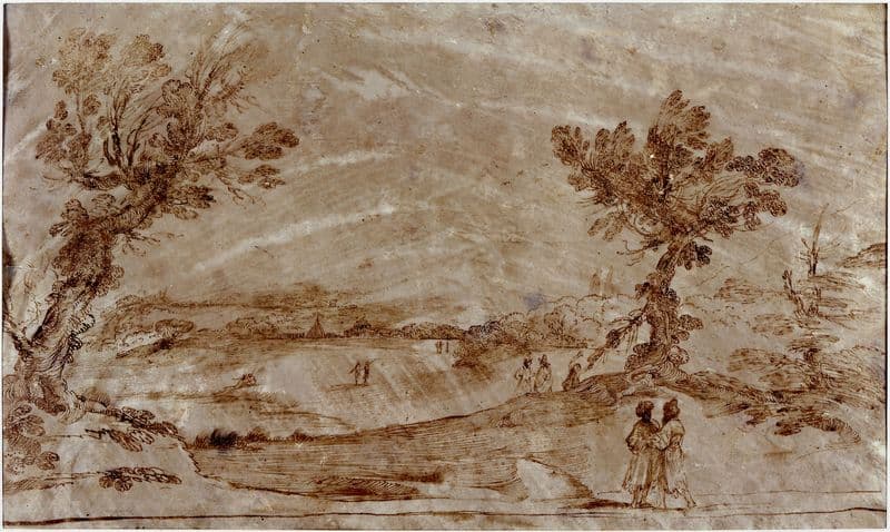 Guercino, Pejzaż z postaciami w turbanach, ok. 1620–1630, atrament na pergaminie, 230 x 390 mm