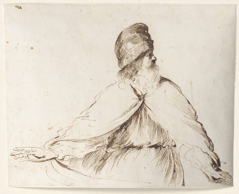 Guercino, 1591–1666, Starzec w wysokim nakryciu głowy, papier żeberkowy, pióro w tonie brązowym, 16,5 x 21,1 cm