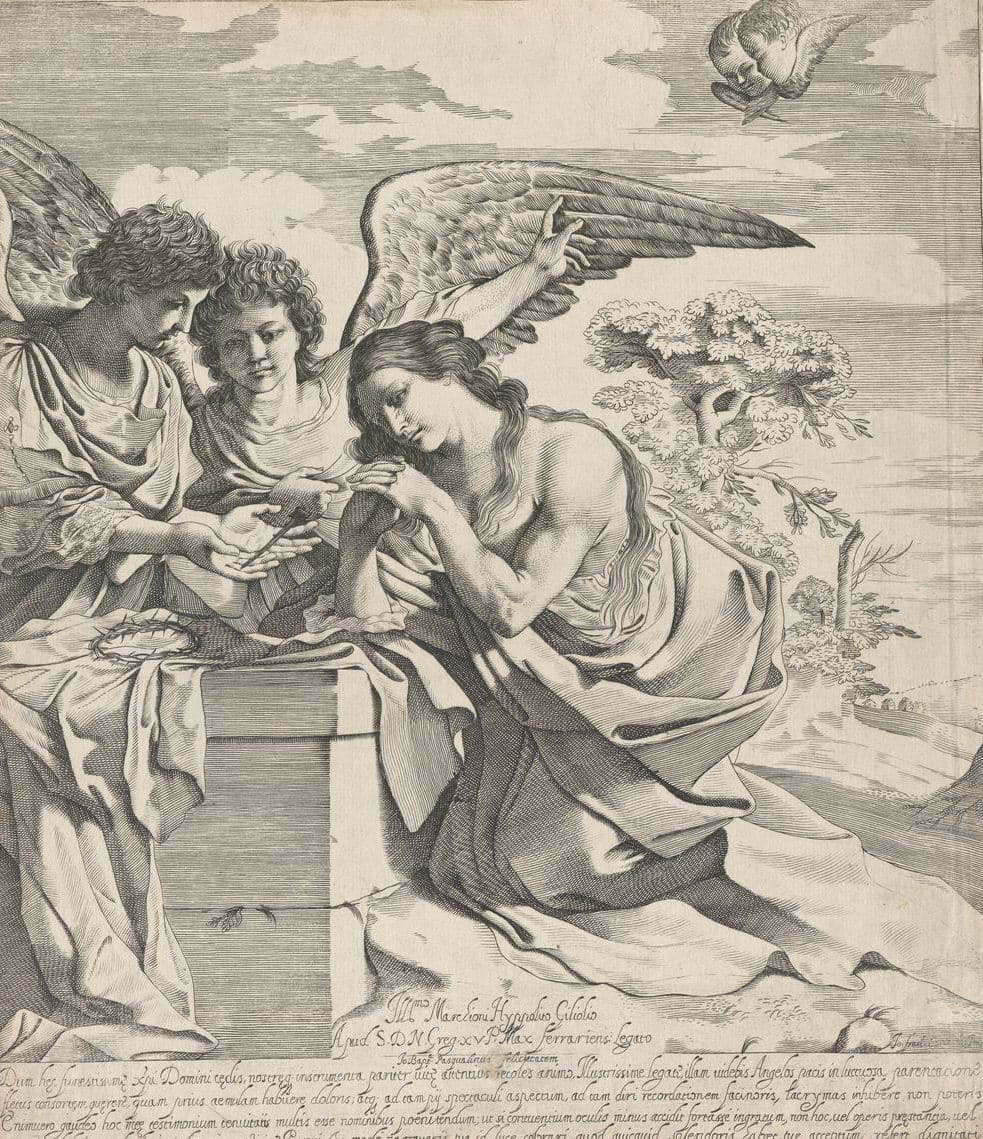 Giovanni Battista Pasqualini, Maria Magdalena z dwoma aniołami, 1622, miedzioryt, papier, 37,5 x 35,4 cm