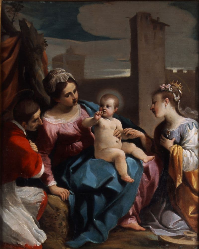 Guercino, Mistyczne zaślubiny świętej Katarzyny Aleksandryjskiej w obecności św. Karola Boromeusza (1614–1615), olej na desce, 50,2 × 40,3 cm