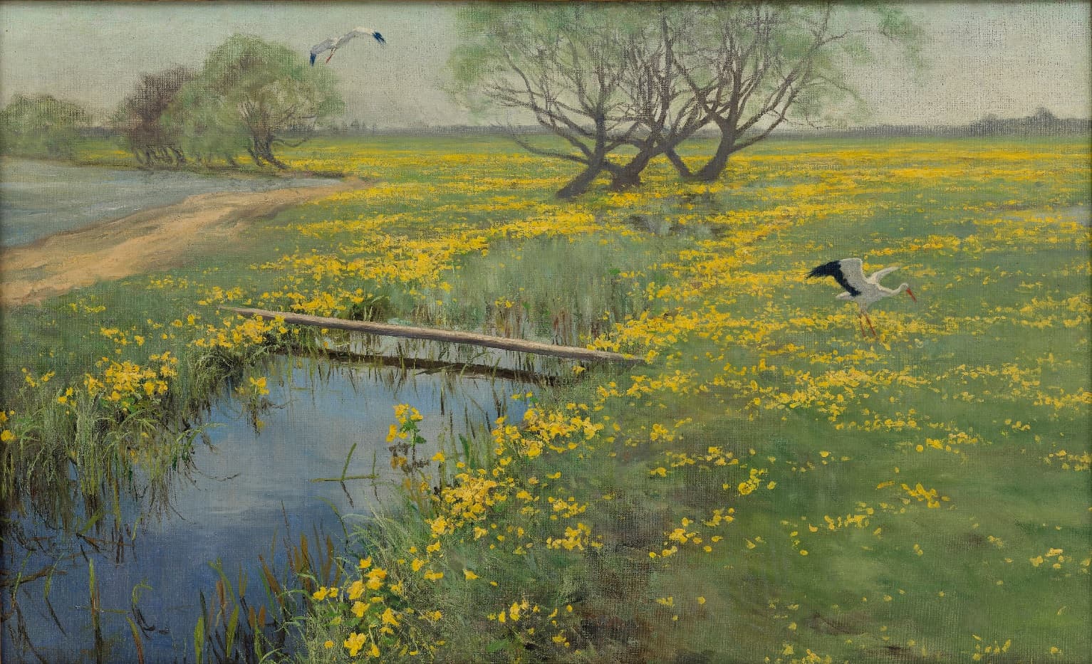 Henryk Weyssenhoff, Wiosna. Obraz olejny na płótnie namalowany między 1910 a 1911 rokiem. Przedstawia widok na potok i łąkę porośniętą żółtymikwiatami. W tle pojedyncze drzewa. Z prwaej strony i u góry obrazu bociany.