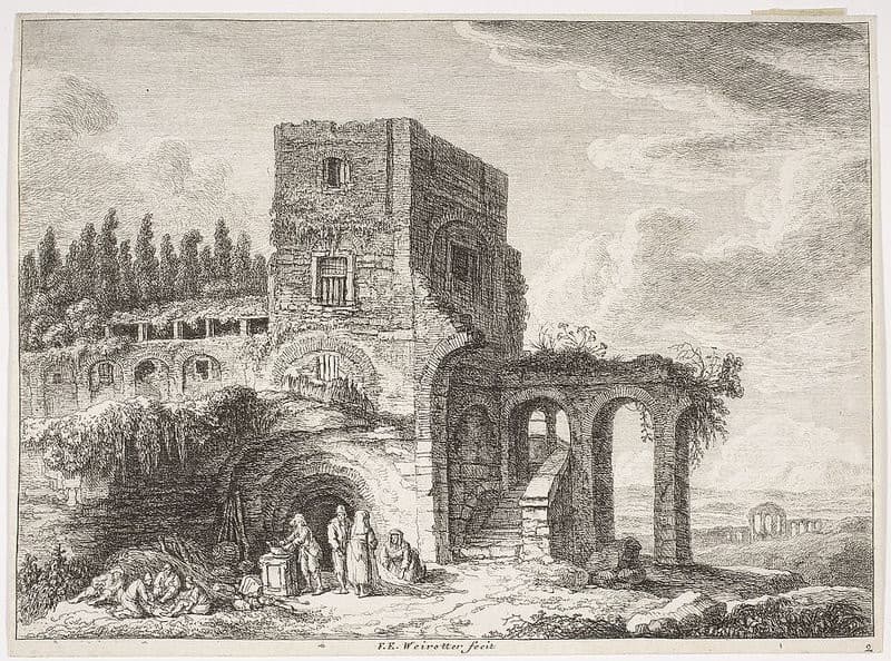 Franz Edmund Weirotter, Widok ruin z grupą wieśniaków odpoczywających i przygotowujących posiłek, poł. XVIII w., akwafo