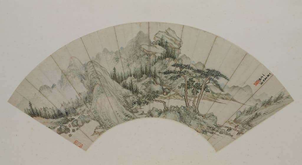 wachlarz z malowidłem Z cytrą nad jesienną rzeką, Gu Luo, 1835, papier, tusz, farby wodne, Chińskie Muzeum Narodowe