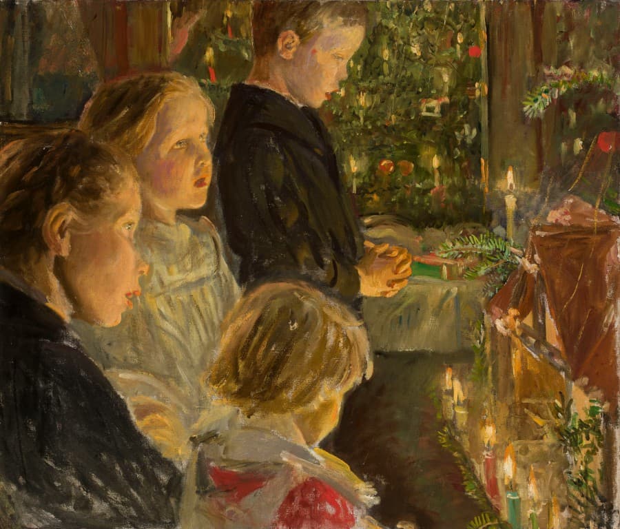 Leopold Kalckreuth, Dzieci przy choince, 1. poł. XX w.; olej na płótnie.