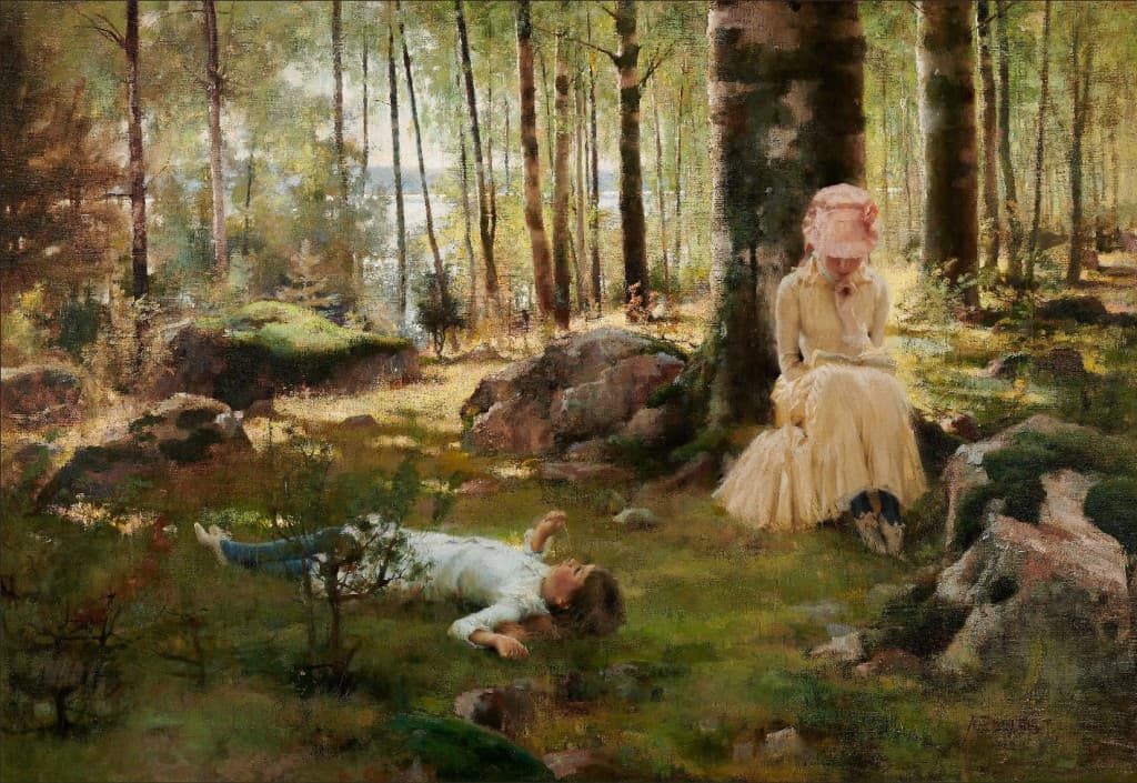 Albert Edelfelt, Dzieci w lesie brzozowym nad fiordem Haikko, obraz olejny na płótnie, 1882.