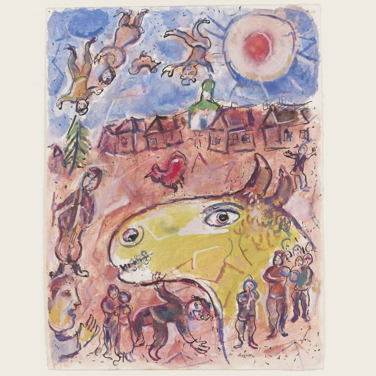 Marc Chagall, Żółty koziołek na wsi (Le bouc jaune au village), 1968