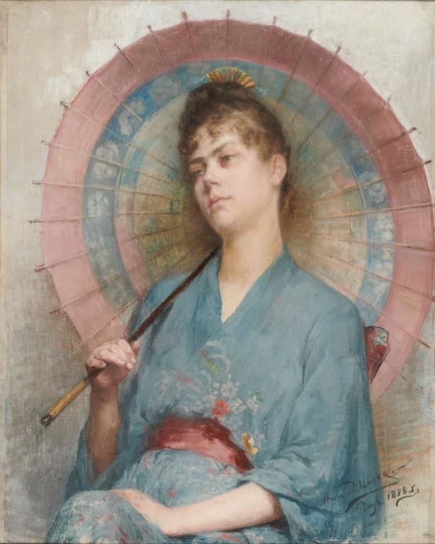 Pastel Anny Bilińskiej z 1888 roku ukazujący modelkę w kimonie z japońską parasolką