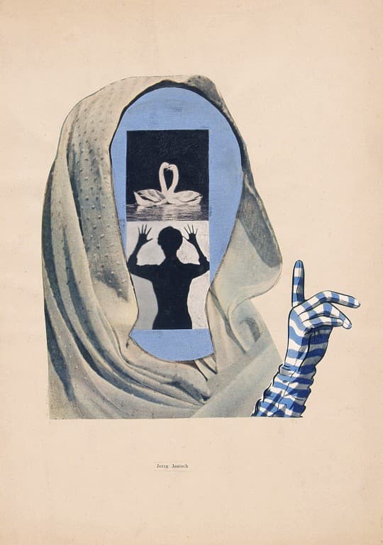 kolaż, głowa trzymająca rękę w górze