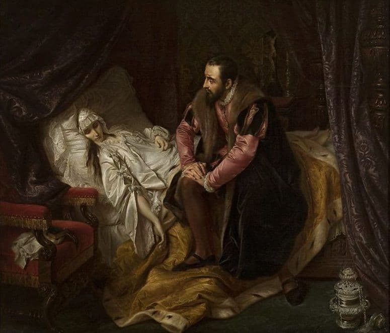 W królewskiej sypialni król Zygmunt August siedzi na brzegu łoża zamarłej młodej królowej Barbary Radziwiłłówny.