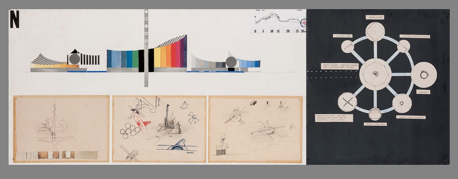 Roman i Eugeniusz Nygowie Projekt filii Muzeum Narodowego na Zalewie Zegrzyńskim, 1971 kolaż, druk, gwasz, tusz, flamaster, długopis, ołówek, papier na sklejce