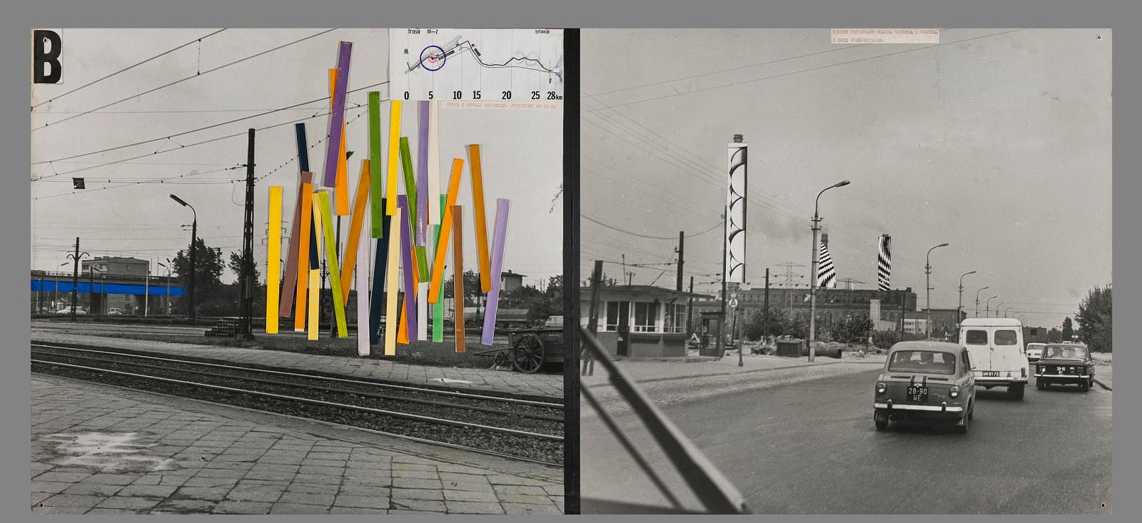 Marian Bogusz Propozycje zagospodarowania Trasy Muzeum – Zalew Zegrzyński, 1971 kolaż, fotografia, druk, gwasz, papier na sklejce
