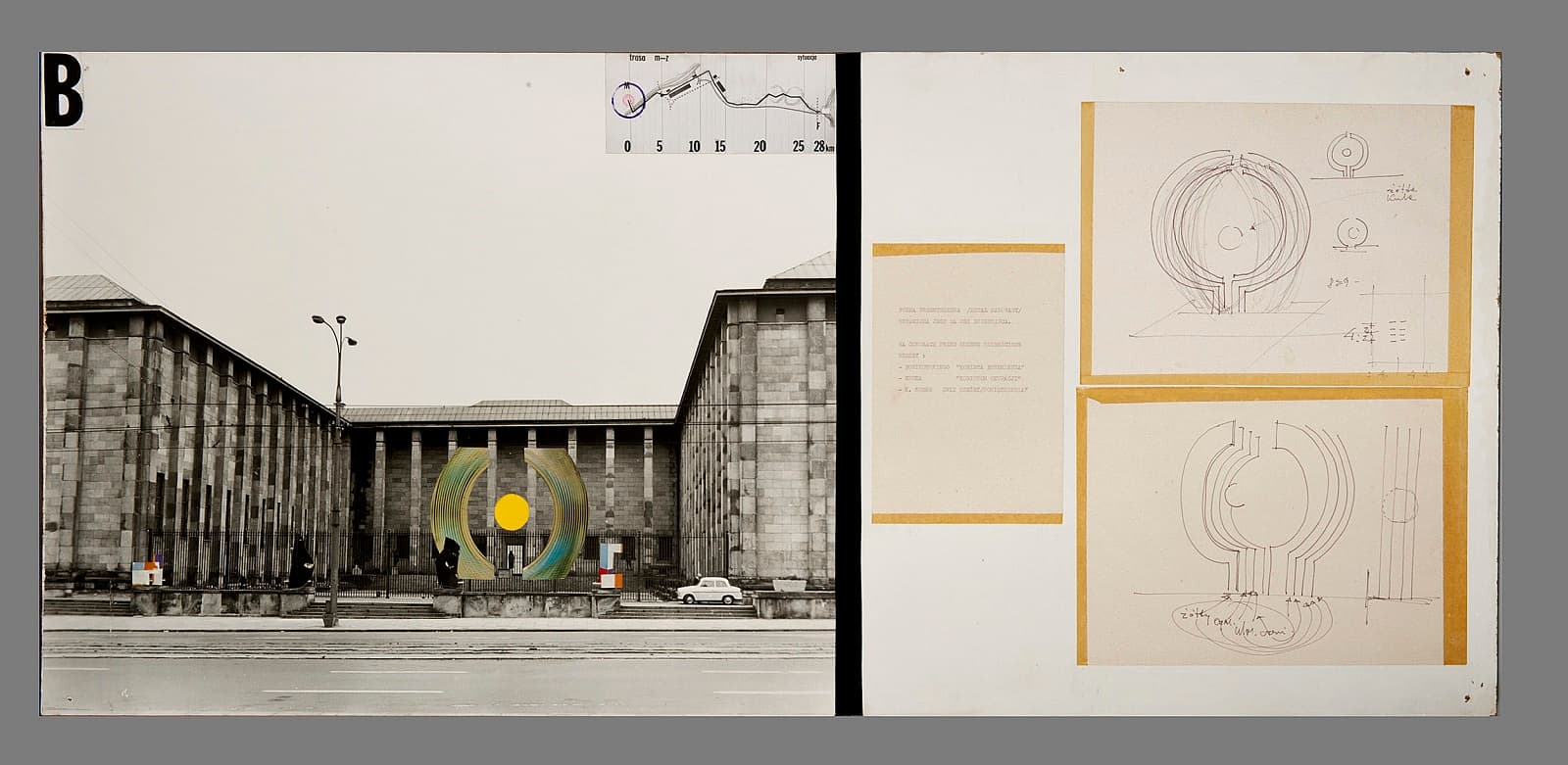 Marian Bogusz Projekt wejścia do Muzeum Narodowego od strony Alei Jerozolimskich, 1971 kolaż, fotografia, druk, flamaster, papier na sklejce